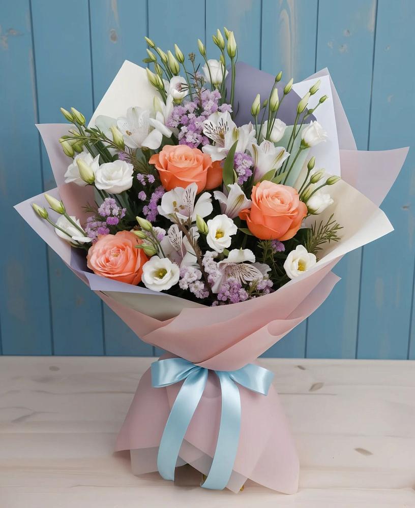 Букет цветов из: Лизиантусы, Розы, Альстромерии и Гипсофила в Топчихе