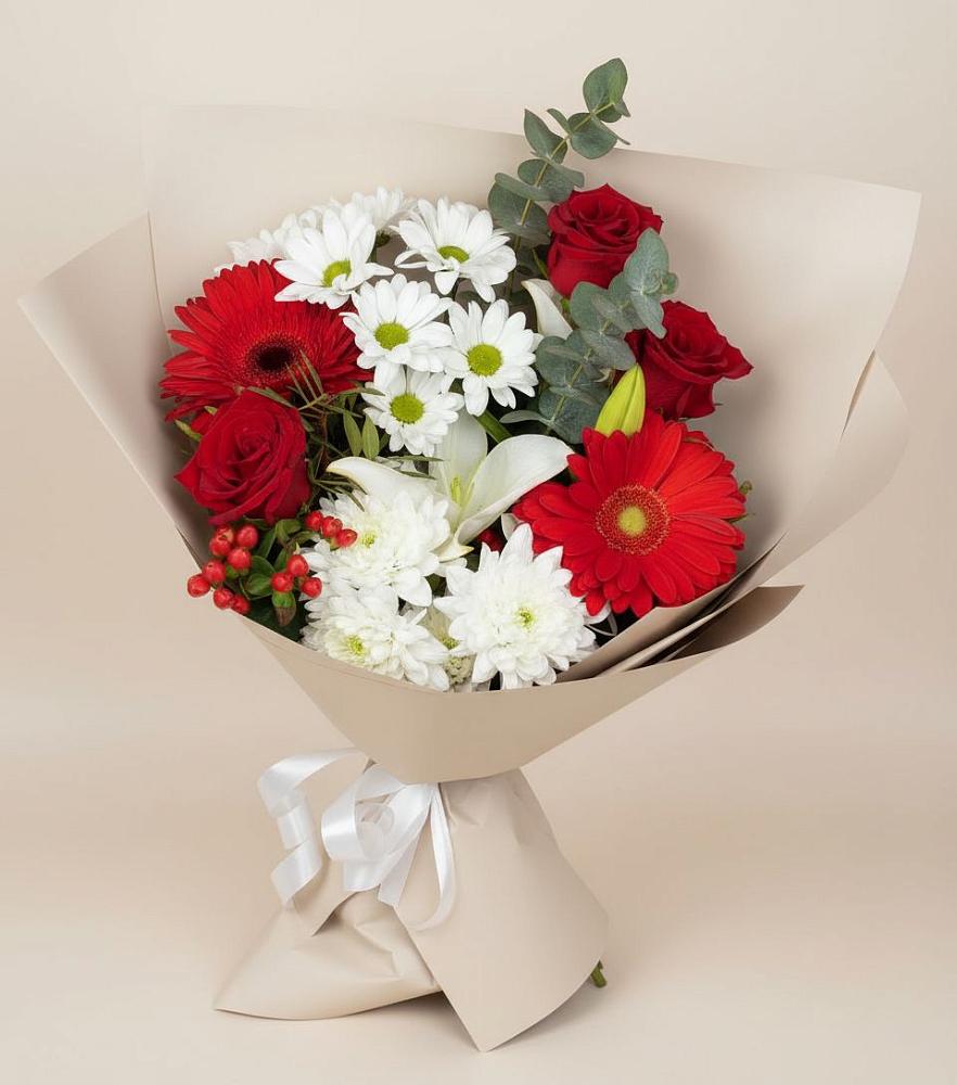 Букет цветов из: Розы, Хризантемы, Герберы и Лилии в Топчихе