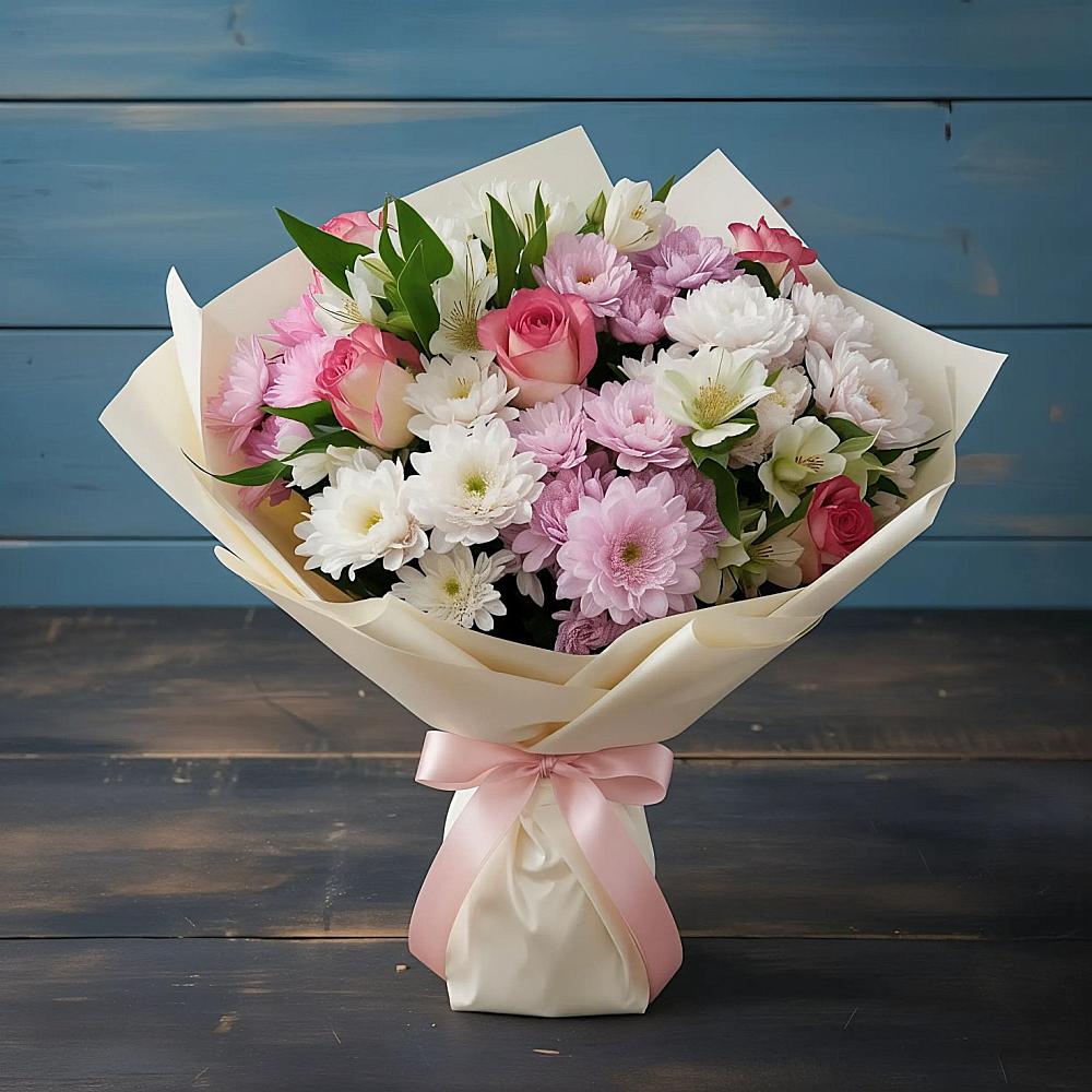 Букет цветов из: Хризантемы, Альстромерии и Розы в Топчихе